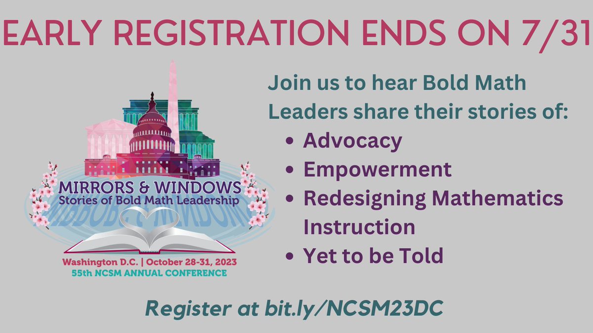 MathEdLeaders's tweet photo. Only 10 Days Left for Early Bird Registration!  Register today at https://t.co/ahuxaLHOai

We have a great lineup of speakers sharing their Bold Math Stories at our 55th Annual Conference in Washington D.C.  Don't forget to make your hotel reservations.

#NCSMBold #NCSM23 https://t.co/wcyk1hUZ5I