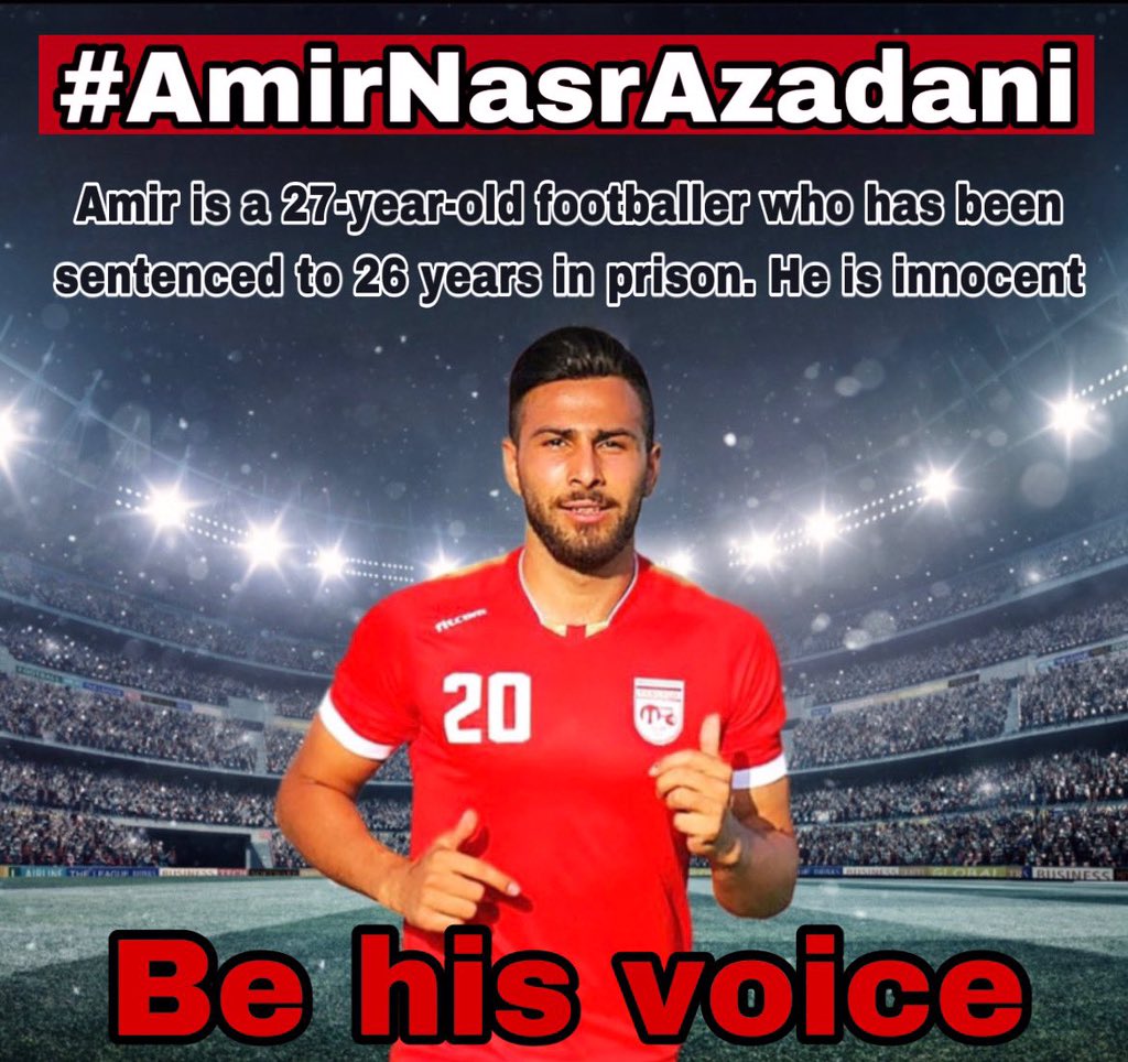 #AmirNasrAzadani, a 27 y/o Iranian soccer player, was arrested on Oct. 30, 2022 by Islamic Republic Forces.
He has been sentenced to 26 years in prison for simply exercising his right to peacefully protest.
He sent a message from prison to everyone:
“BE MY VOICE”
#امیر_نصرآزادانی