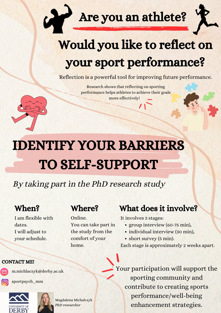 Our brilliant PhD researcher Miss Magdalena Michalczyk is recruiting for investigating barriers to self-support in sport performance - interested ones please help RT, contact (m.michalczyk@derby.ac.uk), or sign-up (uodsportsci.fra1.qualtrics.com/jfe/form/SV_06…)

<a href="/TeamDerby/">Team Derby</a> <a href="/DerbyUni/">University of Derby</a> <a href="/DerbyUniSportEx/">School of Sport and Exercise Science</a>