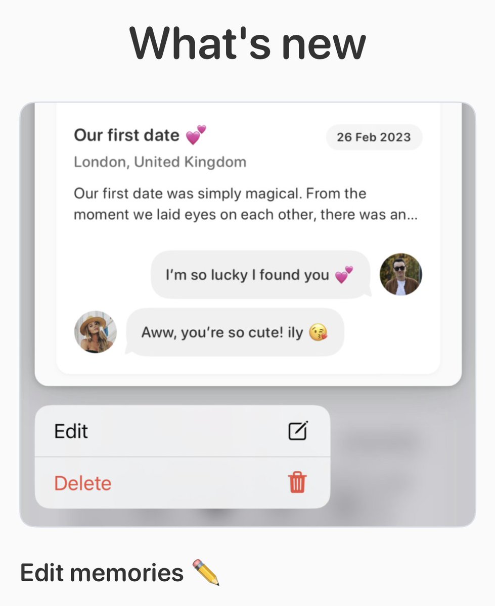 CoupleJoyApp's tweet photo. New version 3.0.7 🎉

You can now edit your memories with ease. ✏️

If you have any other feature ideas, please let us know! https://t.co/fLdiEzNBcv