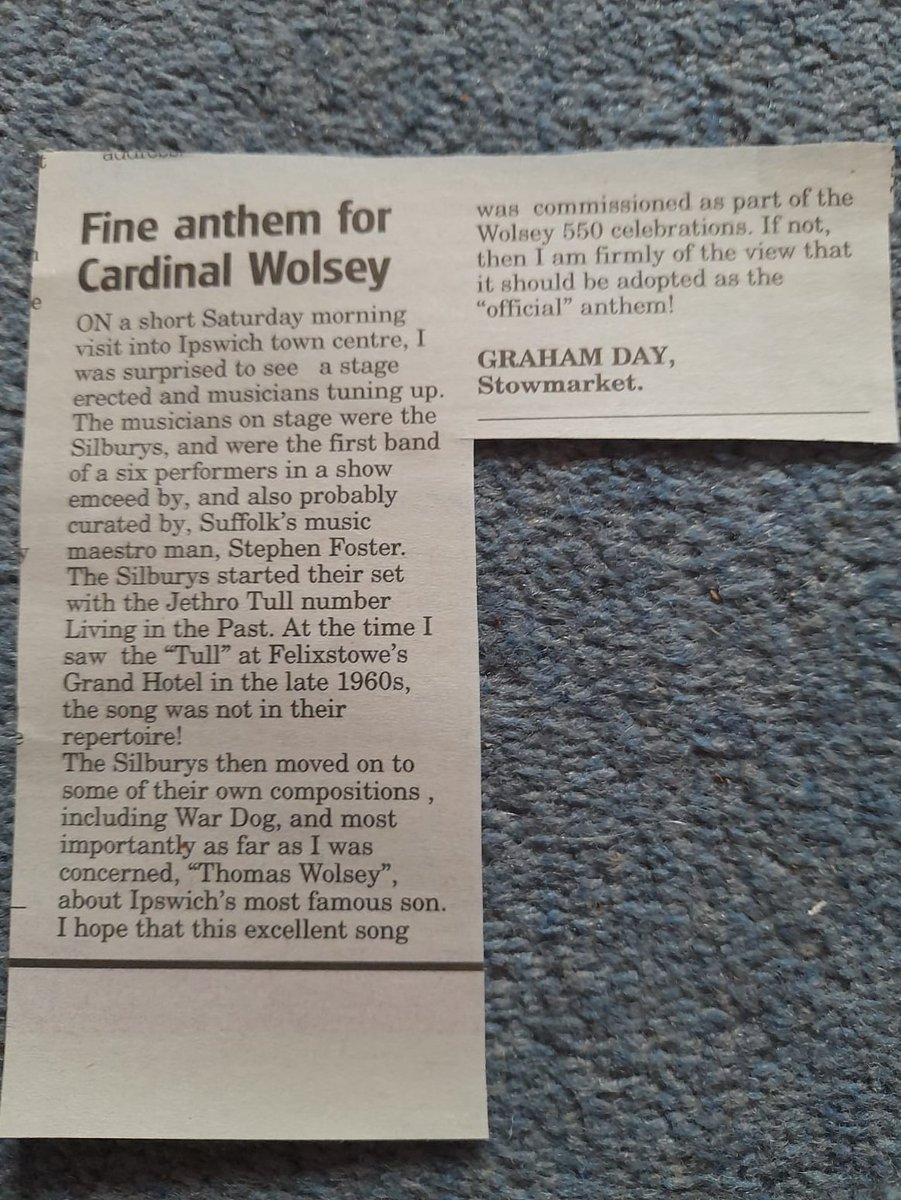 SilburysThe's tweet photo. Nice letter by #GrahamDay in the @ipswichstar24 re our set (and @StephenFoz mc) on the Cornhill recently - and nominating our Thomas Wolsey song for #Wolsey550 anniversary anthem! @KathCockshaw @SuffolkArchives @BBCSuffolk @allaboutipswich @UOSHist @EADT24 @out10emma @ip_swich https://t.co/mkowu9fCS5