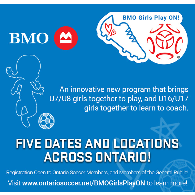 Hey girls! Have you registered for BMO Girls Play ON! yet? It’s an innovative one-day soccer program from our friends at <a href="/BMO/">BMO</a>.

The first event is in Aurora on Sunday, co-hosted by <a href="/NewmarketSoccer/">Newmarket Soccer</a>

Register now or find an event near you: ontariosoccer.net/bmogirlsplayon #PlayInspireUnite