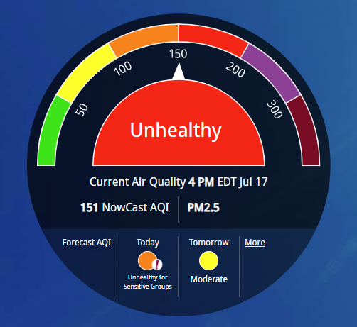 MarkLevineNYC's tweet photo. AQI in NYC has hit the "unhealthy" level this afternoon, due to another round of wildfire smoke. Alert in effect through 11:00pm.

Individuals sensitive to poor air quality should avoid unnecessary outdoor activities.

Full guidance from @nycHealthy: https://t.co/xYlvz75UWA https://t.co/JYtS2akZVX