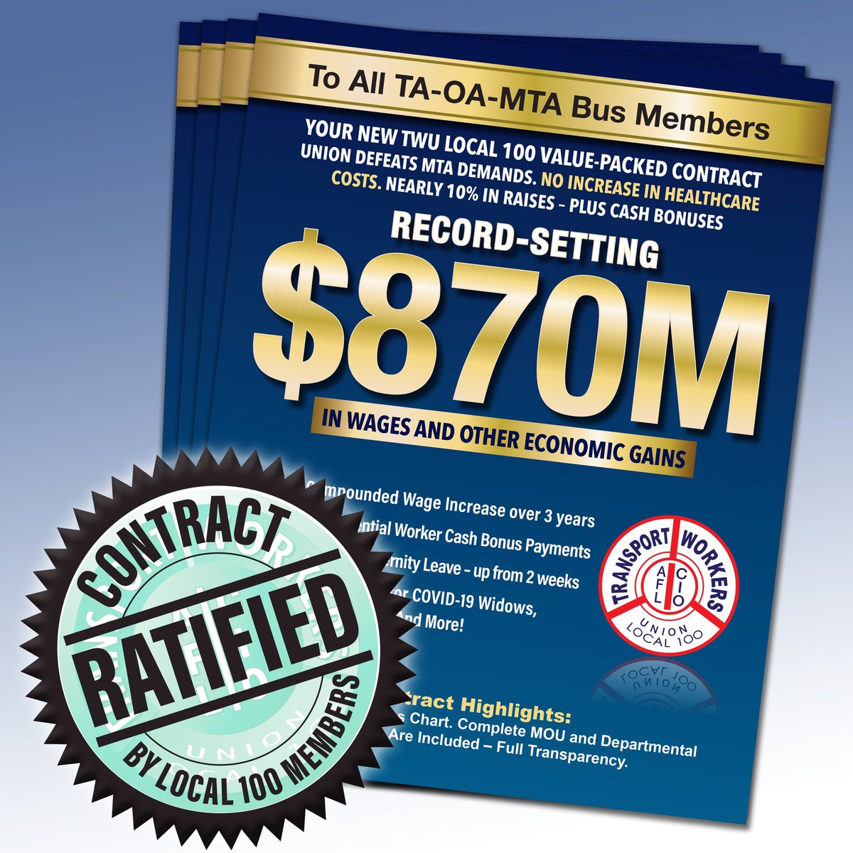 TWULocal100's tweet photo. The votes are in!
Local 100 members ratified a new labor agreement with the Metropolitan Transportation Authority.
Read more:
https://t.co/E1RmM3sPoX https://t.co/fCcFspyoqz