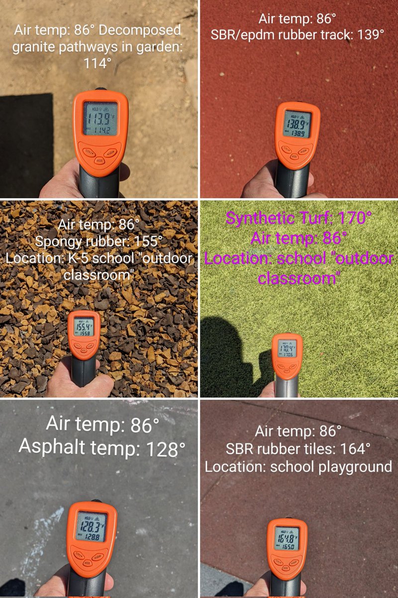 Pamela (@wetcheme) on Twitter photo California elementary (k-5) synthetic surfaces. Natural grass was 94°, for reference.
(DG for reference.)#SB499 <a href="/livingschoolyrd/">Green Schoolyards America</a> @joesimitian <a href="/SCCOEM/">Santa Clara County Office of Emergency Management</a> <a href="/BanPlasticTurf/">Ban Plastic Turf</a> <a href="/SHPFC/">Safe Healthy Fields</a> <a href="/CalifDSA/">California Division of the State Architect</a> <a href="/OEHHA/">OEHHA</a> <a href="/CaliforniaDTSC/">DTSC</a> <a href="/AGRobBonta/">Rob Bonta</a> @SierraClubLP <a href="/PlasticsBeyond/">Beyond Plastics</a> <a href="/bennettpeer/">Dr. Kyla Bennett, PEER</a> <a href="/SinaiExposomics/">Mount Sinai Exposomics</a> California elementary (k-5) synthetic surfaces. Natural grass was 94°, for reference.
(DG for reference.)#SB499 <a href="/livingschoolyrd/">Green Schoolyards America</a> @joesimitian <a href="/SCCOEM/">Santa Clara County Office of Emergency Management</a> <a href="/BanPlasticTurf/">Ban Plastic Turf</a> <a href="/SHPFC/">Safe Healthy Fields</a> <a href="/CalifDSA/">California Division of the State Architect</a> <a href="/OEHHA/">OEHHA</a> <a href="/CaliforniaDTSC/">DTSC</a> <a href="/AGRobBonta/">Rob Bonta</a> @SierraClubLP <a href="/PlasticsBeyond/">Beyond Plastics</a> <a href="/bennettpeer/">Dr. Kyla Bennett, PEER</a> <a href="/SinaiExposomics/">Mount Sinai Exposomics</a>