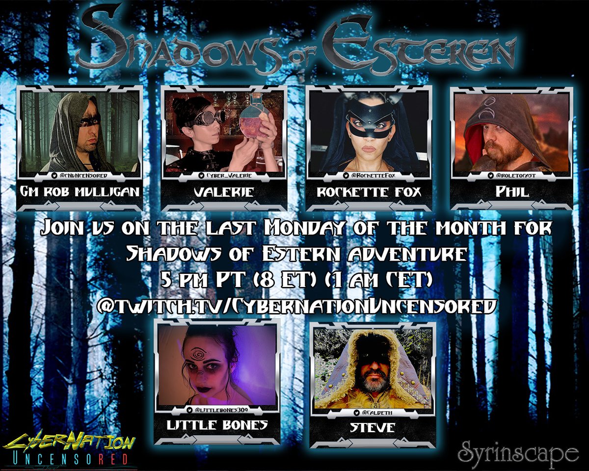 CNUncensored's tweet photo. -Live Today!-
SHADOWS OF ESTEREN
https://t.co/cGSTAIgkho
5PM PT = 8PM ET
Join GM Rob Mulligan and his all-star cast of friends as they continue their campaign set in this low-fantasy dark horror TTRPG with tones of romanticism. #ttrpg #SoE #shadowsofesteren https://t.co/Utzuy1oIA0