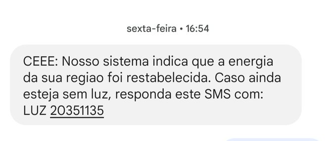 JulianoWaltzer's tweet photo. @femirandapsol Estou sem energia desde quarta-feira às 20:10h. Na sexta-feira recebi mensagem do sistema da
@CEEE_Equatorial dizendo que a energia estava restabelecida. Eles não tem nem controle de onde tem ou não tem energia. NEGLIGENTES! 
Vamos para mais uma noite na escuridão! https://t.co/phxIcHxgEp