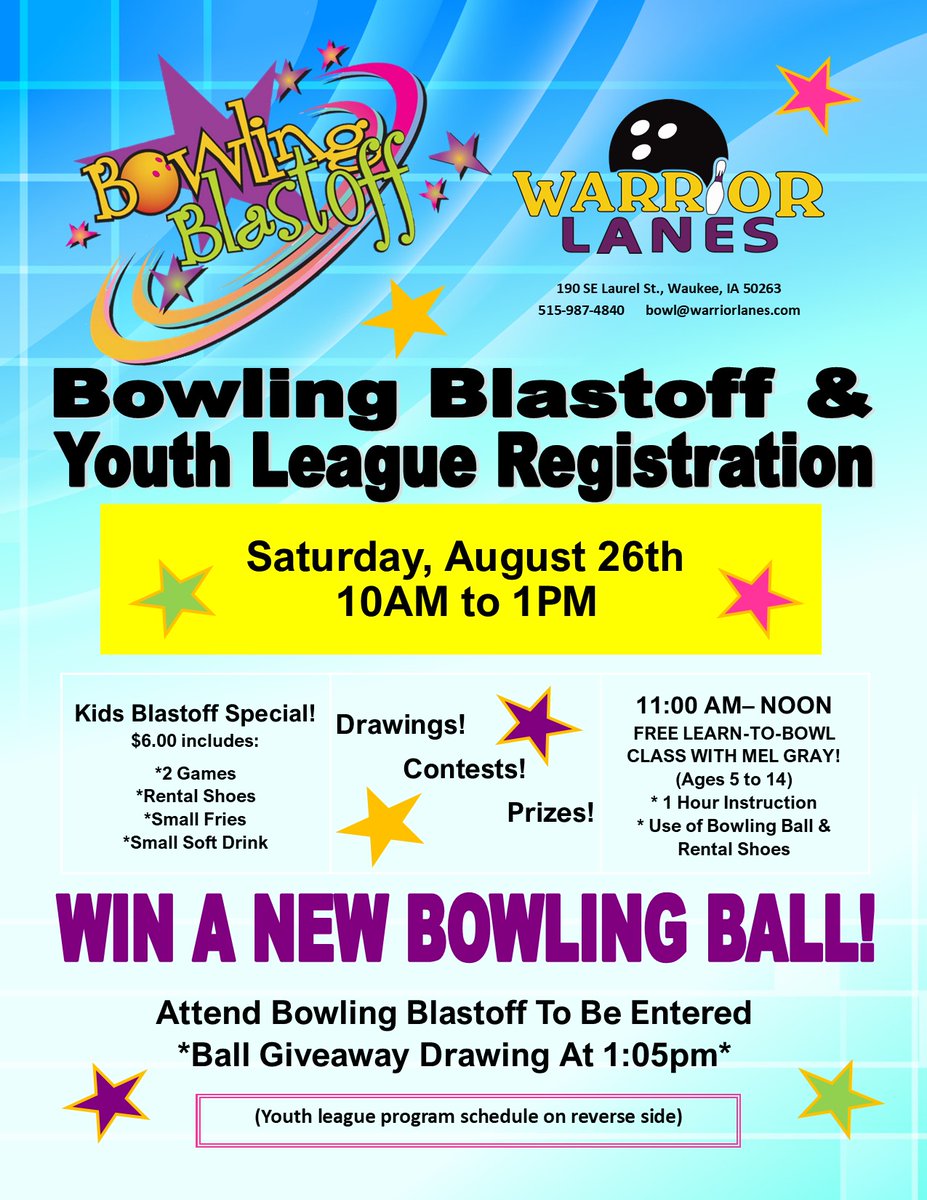 BOWLING BLASTOFF- Sign up for one of our fun youth bowling programs or visit us to meet our coaches and learn about our opportunities.  11:00 AM– NOON FREE LEARN-TO-BOWL CLASS WITH MEL GRAY!  (Ages 5 to 14)