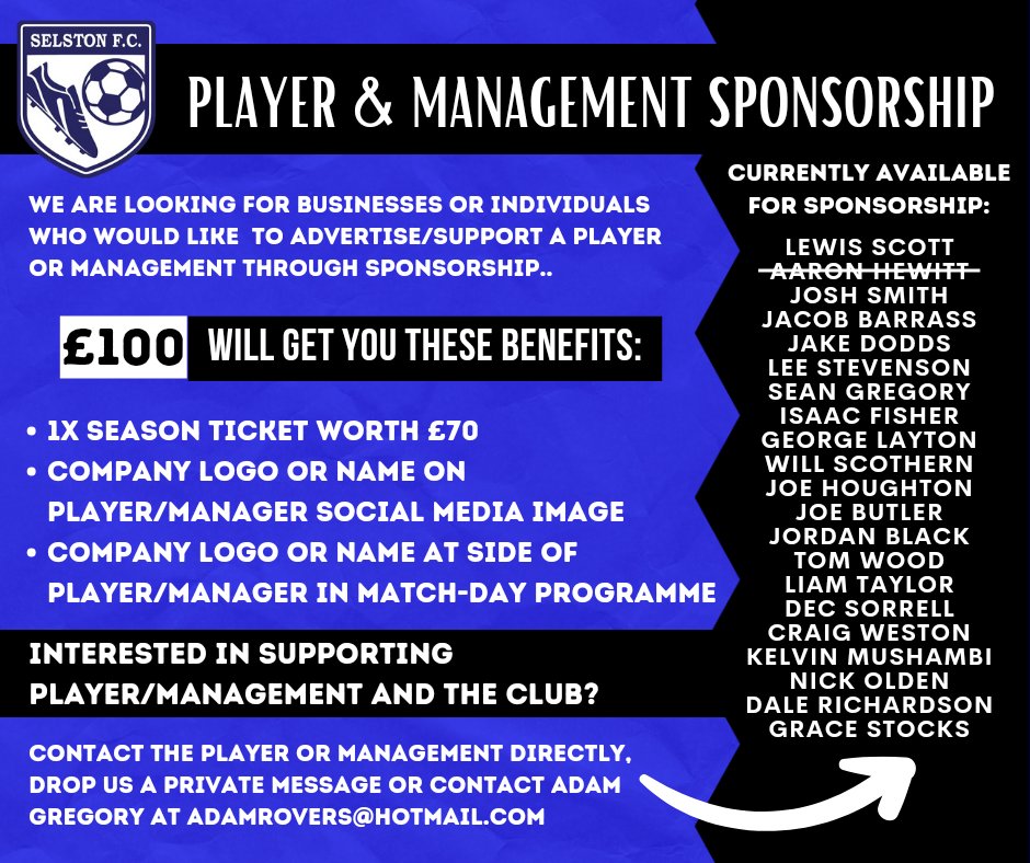 SelstonFC's tweet image. 👥️ 𝙋𝙇𝘼𝙔𝙀𝙍 &amp;amp; 𝙈𝘼𝙉𝘼𝙂𝙀𝙈𝙀𝙉𝙏 𝙎𝙋𝙊𝙉𝙎𝙊𝙍𝙎𝙃𝙄𝙋

Would you like to support a player/management and the club? Receive great benefits and advertisements for a low price.. Get in touch, and we'd love to hear from you 📩

All the details below 👇🏼 #SFC