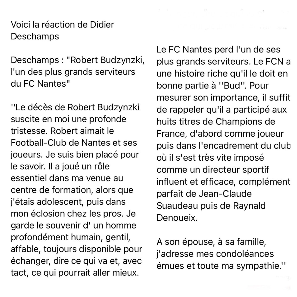 SimonReungoat's tweet photo. L’hommage émouvant de Didier Deschamps à Robert Budzynski ⬇️

⁦@FCNantes⁩ ⁦@FFF⁩ https://t.co/Wa61BJp7Ra