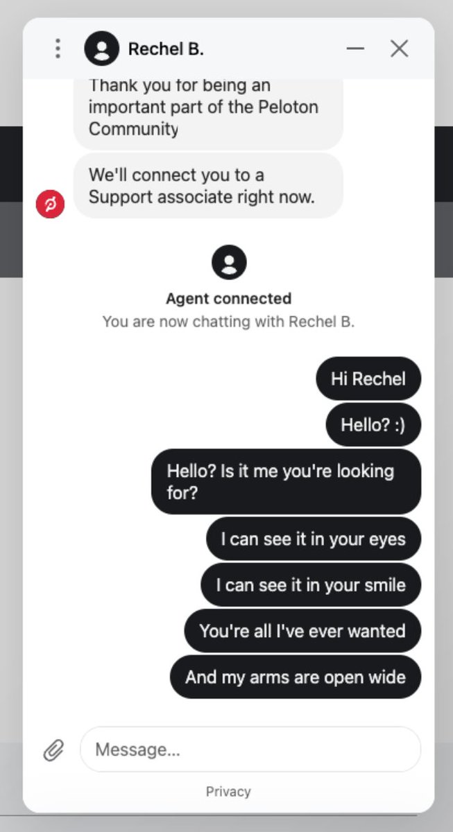 chicletpimp's tweet photo. @onepeloton out here acting like I wont serenade an absent chat agent to fix my bike screen 😉😘 https://t.co/UARHVzYZer