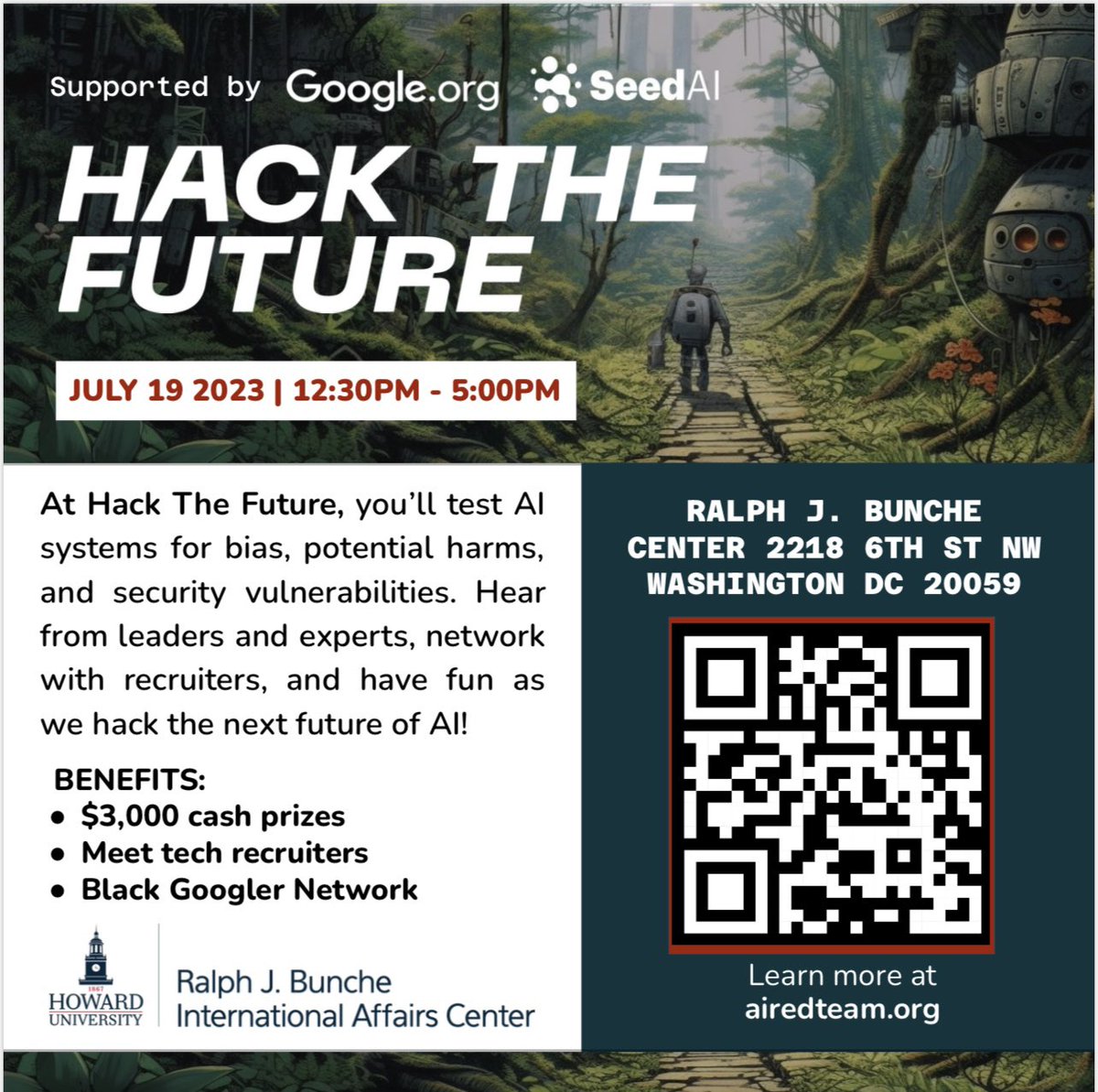 HUBuncheCenter's tweet photo. Do you think you can hack this? Join us this Wednesday at the Bunche Center, 1st floor conference room at 12:30PM to participate in โHack the Futureโ event hosted by Google, Seed AI and moreโฆ Learn more by using this website: https://t.co/0SNlBiV79L #howardforward https://t.co/hoxuxH1e8Z