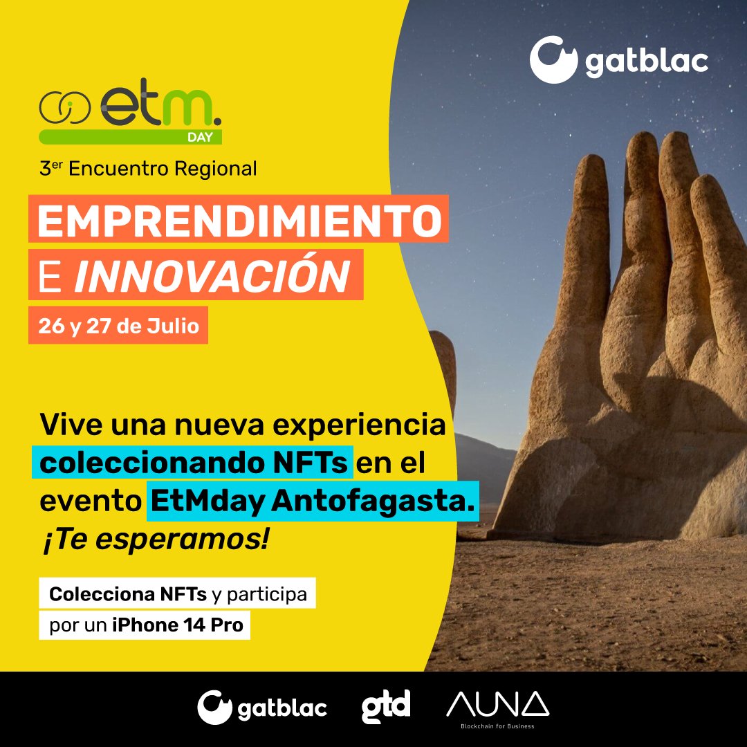 gatblac's tweet photo. !Hola Red!👋
Estaremos en el ETM Day Antofagasta, llevando una experiencia NFT junto a nuestros Partners @gtdchile y @AunaBlockchain. 

Junto a nuestra Plataforma Blockchain de Tokenización de Experiencias, nos moveremos hasta Antofagasta los días 26 y 27 de Julio para llevar esta entretenida experiencia, donde asistentes podrán coleccionar NFTs Exclusivos en los distintos Stands y participar en sorteos que realizaremos en el evento.

Entre los premios que sortearemos entre los asistentes están 1 Kindle y 1 iPhone 14 Pro.

¡Recuerda que mientras más stands visites, más posibilidades tendrás de ganar!

#etm #etmday #etmdayantofagasta #emprendimiento #innovación #business #paresimprobables #conexiones #networking #aunablockchain #gtd #gatblac