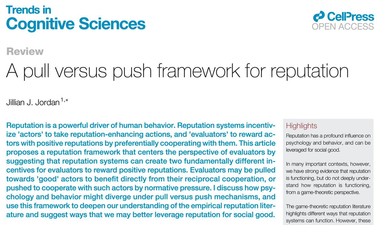 Jillian Jordan (@jill_jord) on Twitter photo Excited to share a new paper, out today in <a href="/TrendsCognSci/">Trends in Cognitive Sciences</a>!
"A pull versus push framework for reputation"
sciencedirect.com/science/articl…
🧵👇 Excited to share a new paper, out today in <a href="/TrendsCognSci/">Trends in Cognitive Sciences</a>!
"A pull versus push framework for reputation"
sciencedirect.com/science/articl…
🧵👇
