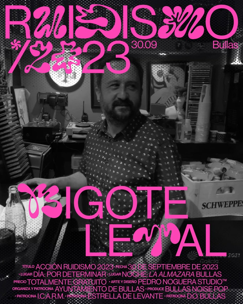 #BigoteLetal - #Ruidismo2023
Bullas, sábado 30 de septiembre.

Organiza y patrocina: <a href="/aytoBullas/">Ayuntamiento Bullas</a> 
Pruduce: #bullasnoisepop
Otros patrocinadores: #ica, <a href="/estrellalevante/">Estrella de Levante</a> y <a href="/DOP_Bullas/">BULLAS D.O.P</a> #dobullas

Arte y diseño: <a href="/_drpetrus/">Pedro  Noguera</a> 

#Ruidismo #Bullas #Música #Vanguardia #Gastronomía #Arte