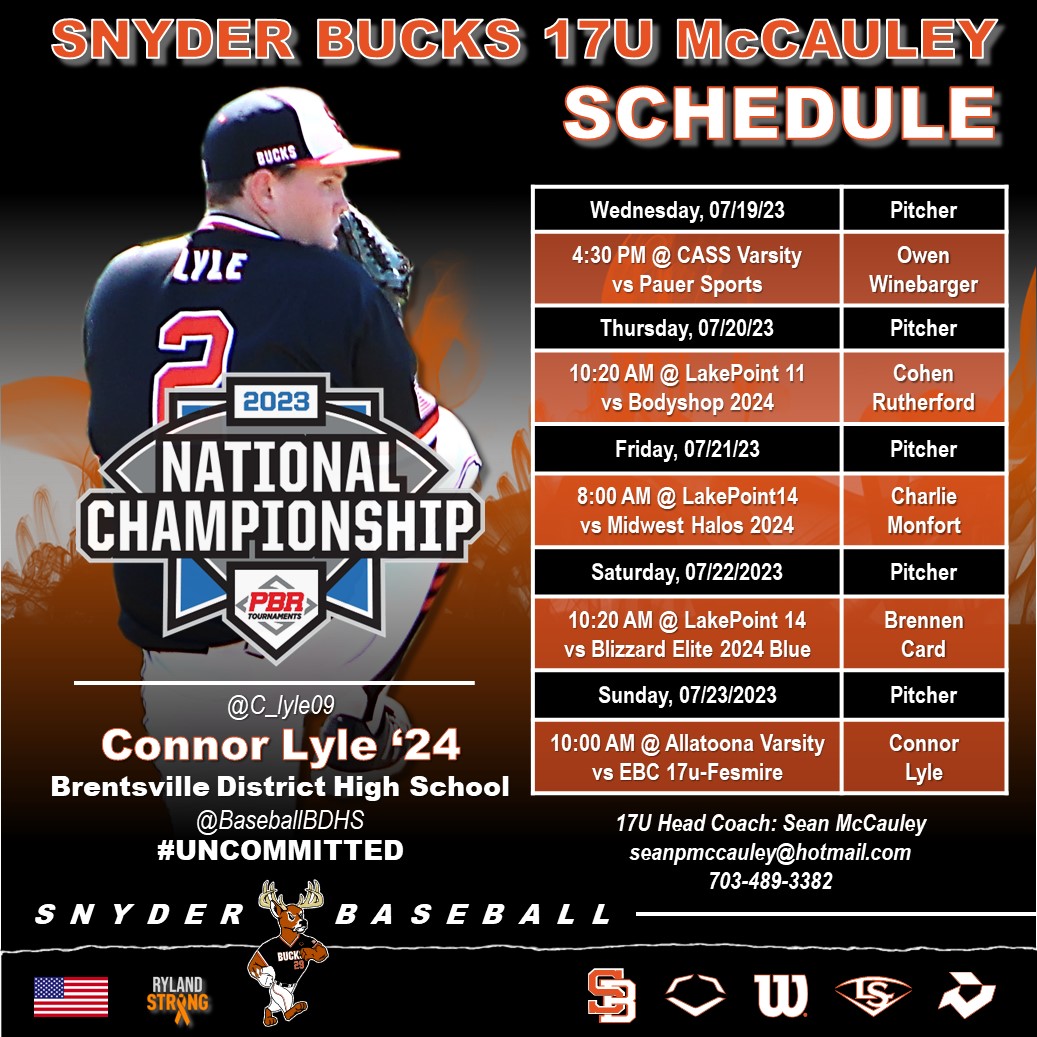 Snyder Baseball (@snyderbaseball) on Twitter photo SNYDER BUCKS 17U McCAULEY SCHEDULE
Check out our schedule at the <a href="/PBRTournaments/">Prep Baseball Tournaments</a> 17U National Championship. Game 1 is Wednesday 07/19, 4:30 PM at CASS Varsity.
#uncommitted '24 Owen Winebarger <a href="/owinebarger34/">Owen Winebarger</a> <a href="/Highland_BSBL/">Highland⚾Baseball</a> is on the hill for game 1.
Good Luck BUCKS
🦌⚾️🦌 SNYDER BUCKS 17U McCAULEY SCHEDULE
Check out our schedule at the <a href="/PBRTournaments/">Prep Baseball Tournaments</a> 17U National Championship. Game 1 is Wednesday 07/19, 4:30 PM at CASS Varsity.
#uncommitted '24 Owen Winebarger <a href="/owinebarger34/">Owen Winebarger</a> <a href="/Highland_BSBL/">Highland⚾Baseball</a> is on the hill for game 1.
Good Luck BUCKS
🦌⚾️🦌