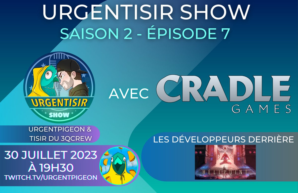 Très content d'annoncer qu'on recoit <a href="/CradleGames/">⚫ Cradle Games</a> pour le l'épisode 7 de l'UrgenTisir Show! Le 30 juillet moi et <a href="/Tisir_/">Tisir</a> on continue dans notre lancée de studio Indépendant Québécois et on va discuter avec les createur de Hellpoint! 

Un excellent Soulike!