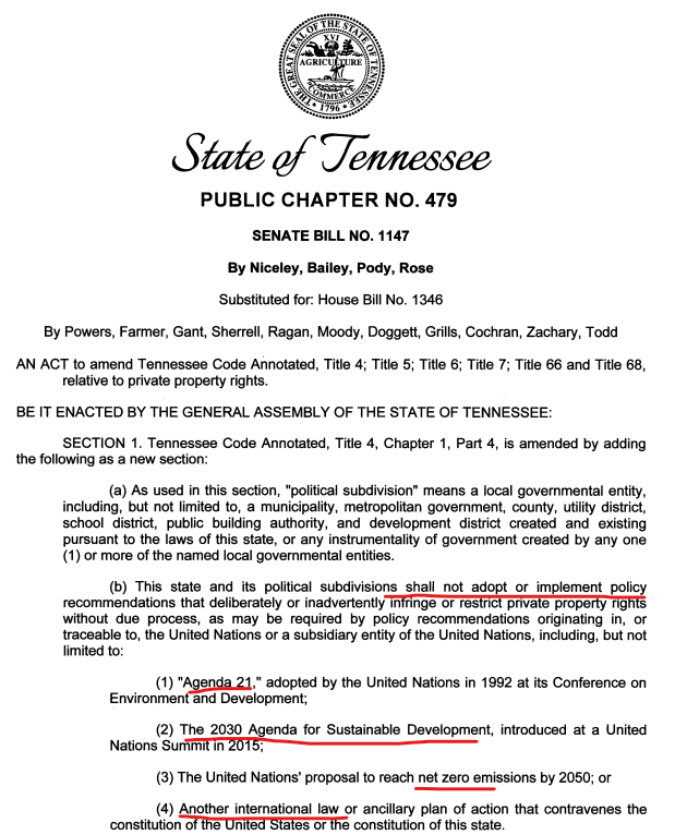 Tennessee has banned local climate leadership, including any local policy aligned with UN #Agenda21, 2030 Sustainable Dev Agenda, & UN #NetZeroBy2050 goals. THREAD: