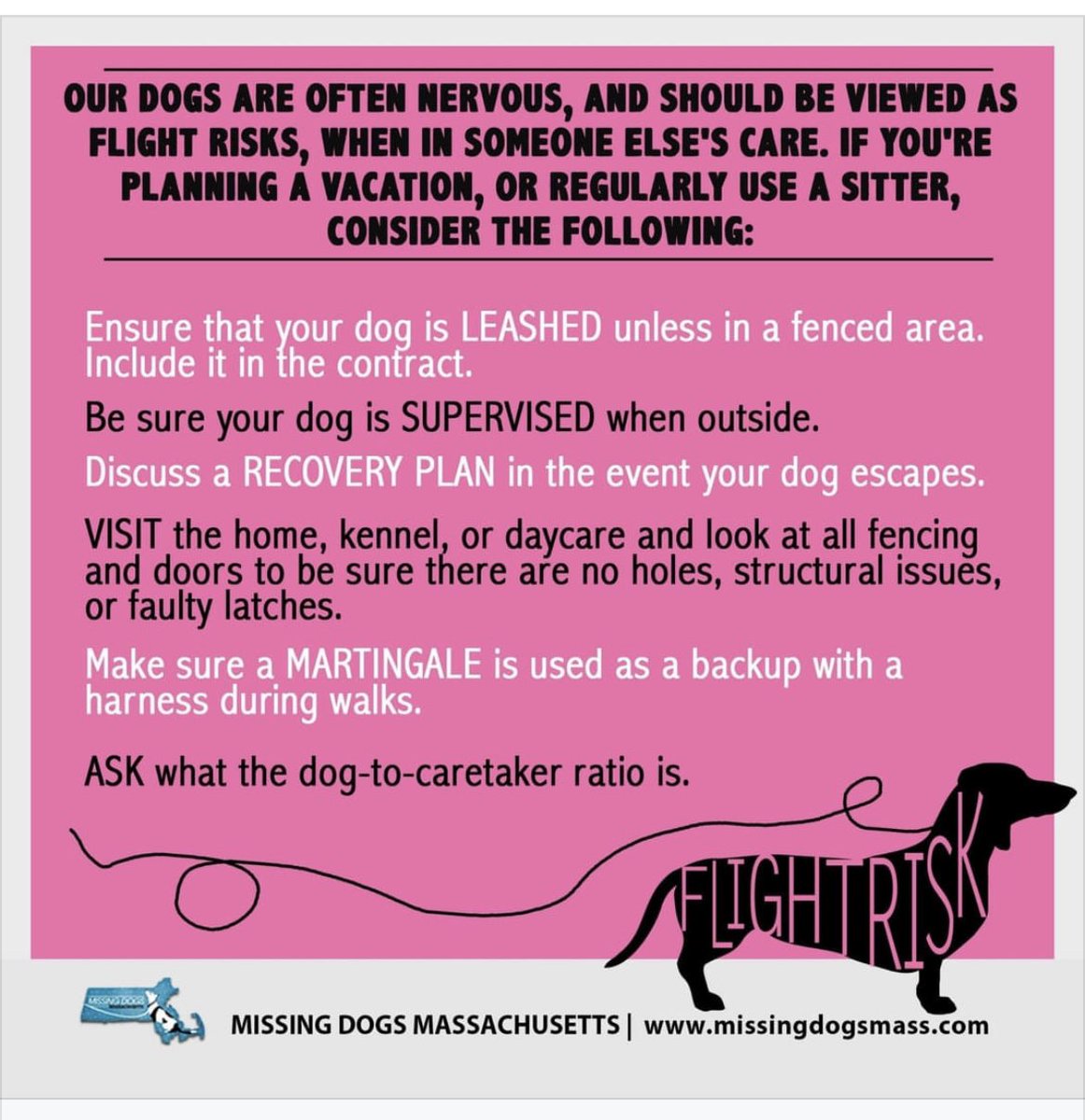 Some great tips from Missing Dogs Massachusetts:

Summer is here and many are taking vacations and leaving their loved ones with pet sitters. Please consider safety when selecting someone to care for your precious family.  #missingdogsmassachusetts #missingdogsmass #missingdogsma