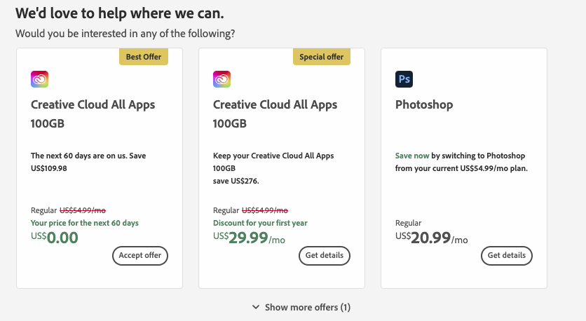 AC_Design's tweet photo. hey, if you're paying for a monthly adobe creative account. go into the plan cancellation flow. gave me 2 free months to stay on. hope it helps some other lowly designers. #design #uxdesign https://t.co/Z0j4gM01JL