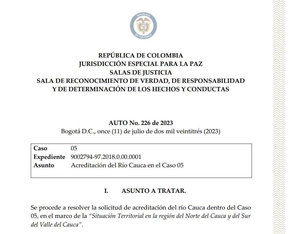 #Atención | La JEP acreditó como víctima al #RíoCauca en el #Caso05. 

Esta es la primera vez que la Jurisdicción acredita a un río como víctima de graves afectaciones sufridas en el conflicto armado en 🇨🇴. 

Te contamos más en este 🧵