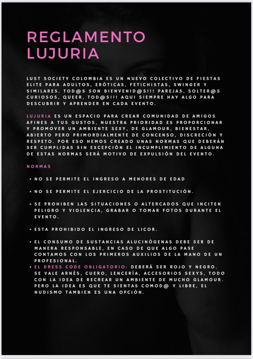 lustsocietycol's tweet photo. Para LSC es muy importante que tod@s estemos sintonizados y cumplamos el reglamento sin excepción. Los invitamos a leerlo. 

Tenemos entradas generales disponibles

Julio 21 
8:30p.m - 5:00a.m 
Cra 11 # 71-55 

#sevaletodo #sexoenbogota #fiestaenbogota #libertadsexual #newswinger https://t.co/9GfoBvg21k