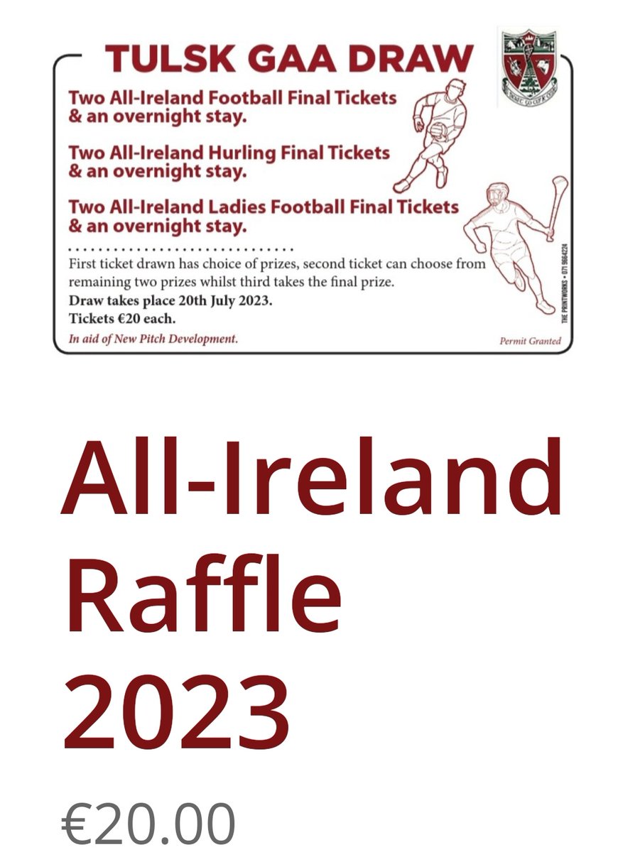2 tickets plus a hotel for the night .. superb prize.. from a super wee club in Mid Roscommon @TulskGAA @BoyleGAA @michaels_gaa @ORANGAA @KilkennyCLG
@Kerry_Official @DubGAAOfficial @JoeBrolly1993 @colmcooper13 @cathalcregg @LimerickCLG @starryboy14 

tulskgaa.ie/product/all-ir…