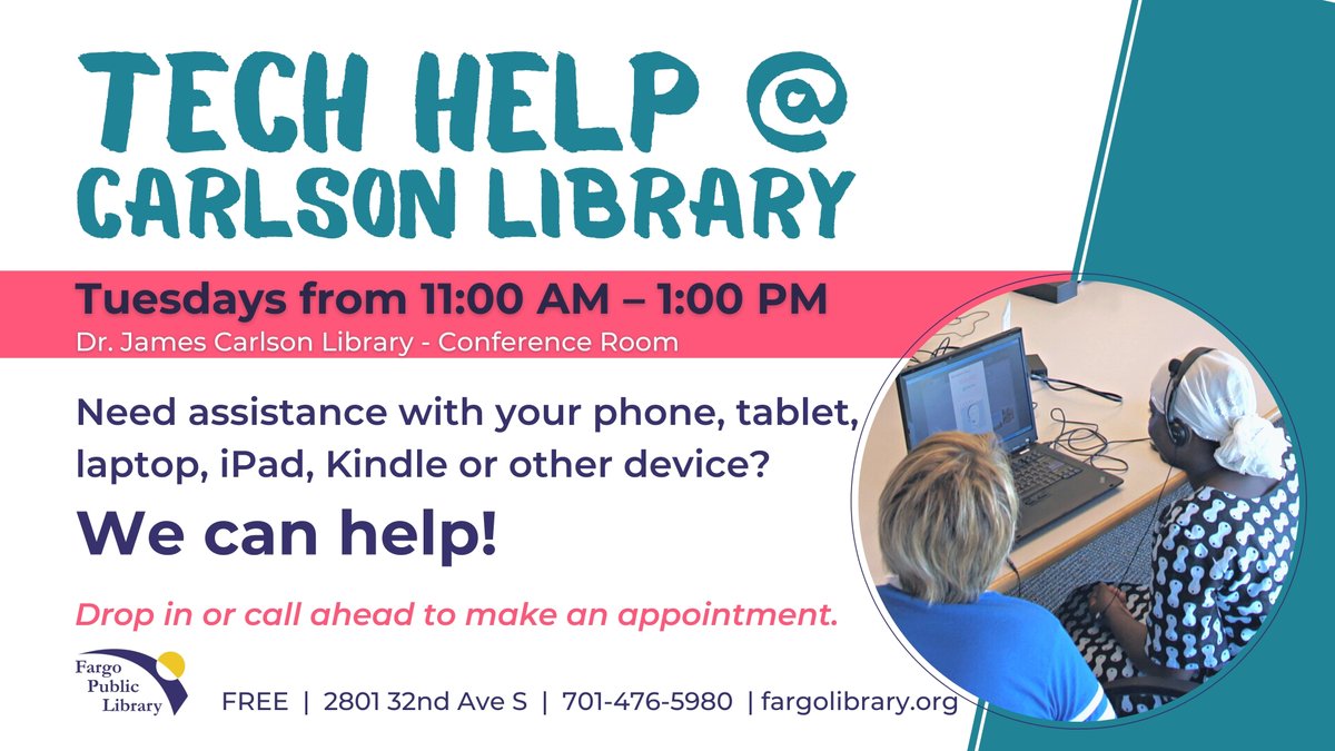 fargolibrary's tweet image. Need help w/ your devices? Our weekly session of Tech Help @ the Dr. James Carlson @fargolibrary
is TOMORROW – Tues(7/18) 11AM–1PM. Free! Drop-ins are welcome. Call 701-476-5980 for a 30-minute session. Please bring your device w/ you. fargolibrary.org #FargoPublicLibrary