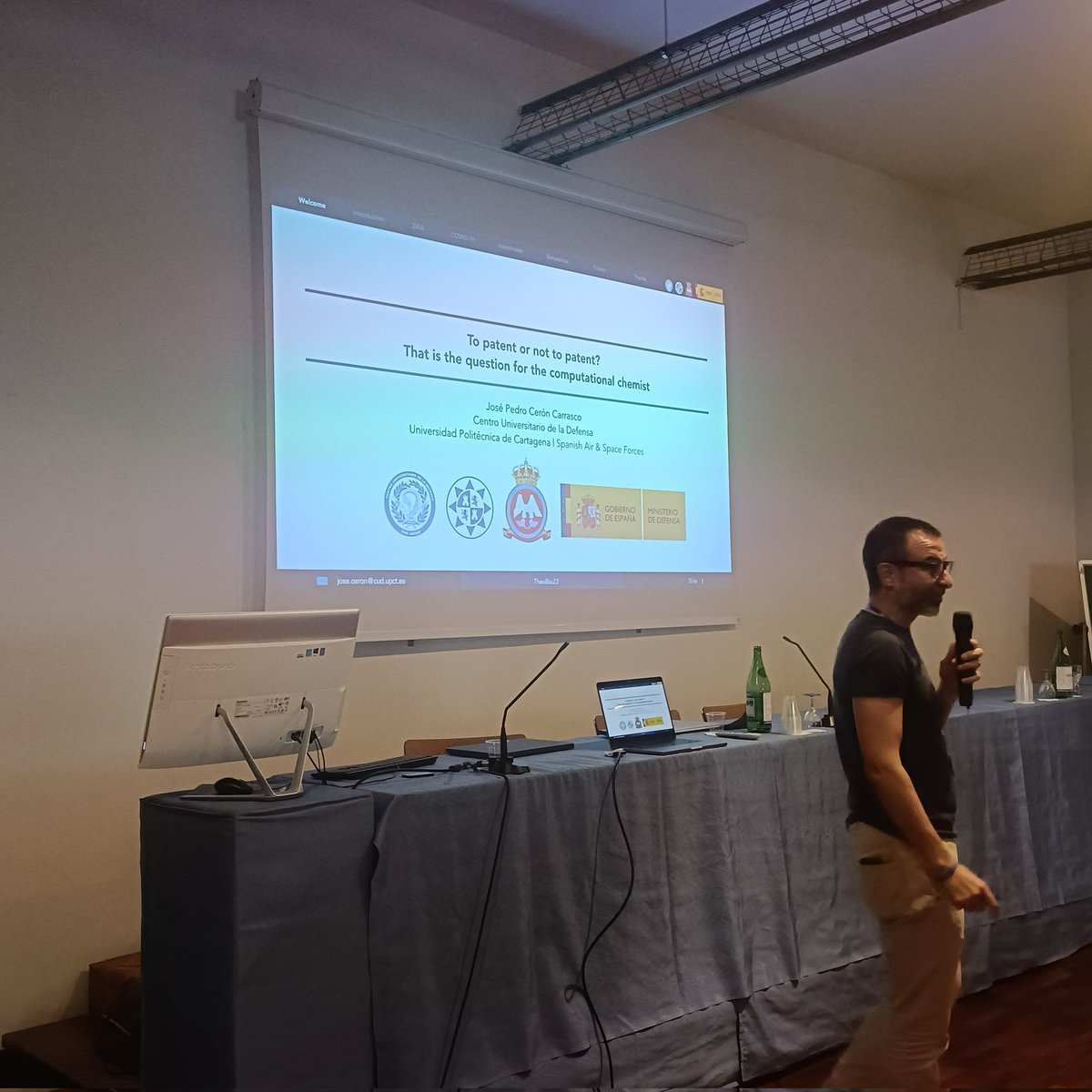 martae_alberto's tweet photo. Last Invited Talk of the morning deals with a very interesting question: To patent or not to patent? That is the question for computational chemist!! We are thrilled to have to #theobio2023 José Pedro Cerón Carrasco from Universidad Politécnica de Cartagena🔝🔝 https://t.co/h8boXyft7u