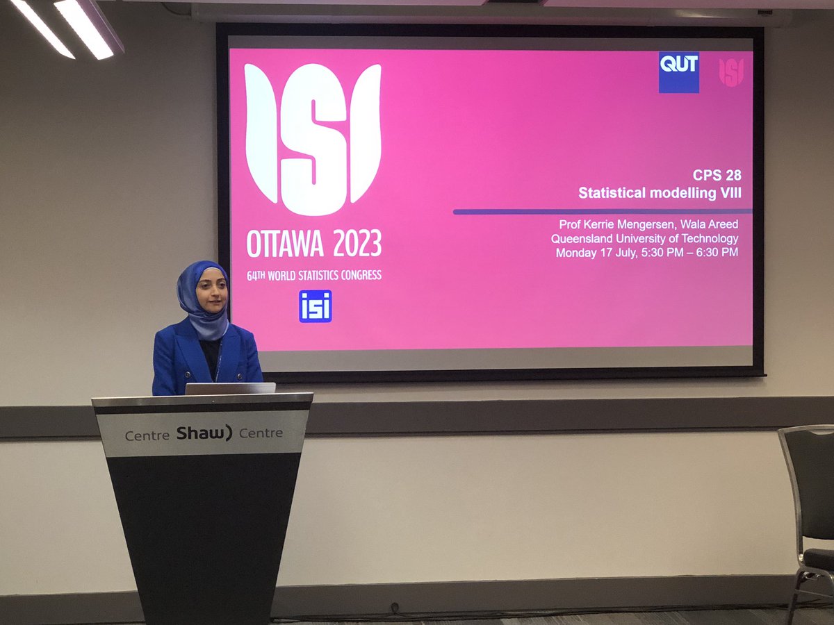 QUTDataScience's tweet photo. Centre PhD candidate (&amp; rising star) @WalaAreed shares her research at @isi_wsc #isiwsc in Ottawa, Canada. Wala uses data analysis &amp; machine learning to explore the relationship between preschool attendance &amp; developmental vulnerability of students in their 1st year of school https://t.co/xQKiFMhfzD