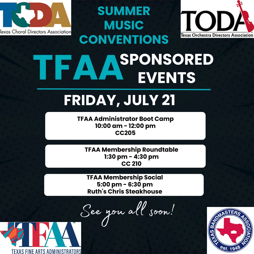 Looking forward to seeing everyone this Friday in San Antonio! <a href="/txbandmasters/">Texas Bandmasters Association</a> <a href="/texassings/">texassings</a> <a href="/texasorchestra/">TODA</a>
