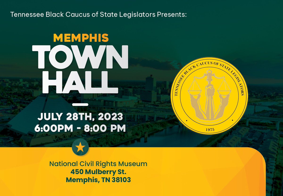 TNblackcaucus's tweet photo. (1/3) MEMPHIS! The TN Black Caucus of State Legislators will be at the historic @ncrmuseum on July 28th from 6-8PM for the 3rd edition of our #TBCSL Statewide Town Hall Series. Spread the news, bring a friend and come out to hear a recap of the first half of the 113th Legislative https://t.co/YSDPjlI4Pe