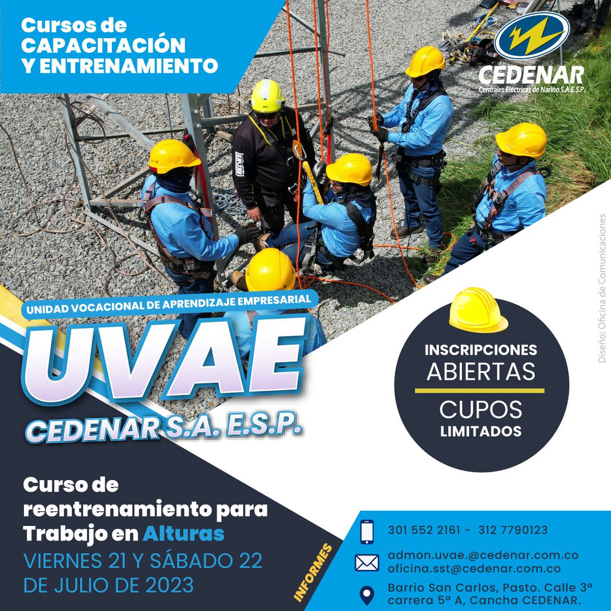 Cedenaroficial's tweet photo. 👷🏼‍♀️👷🏼‍♂️Conoce los cursos de capacitación y entrenamiento programados para el 21 y 22 de julio de 2023 en la Unidad Vocacional de Aprendizaje Empresarial #UVAE de CEDENAR S.A. E.S.P.⚡#Cedenar #Nariño #Pasto
👇🏻¡Contáctanos!
📱 312 779 0123 - 301 552 2161
📧admon.uvae@cedenar.com.co https://t.co/FDmPErOoWu