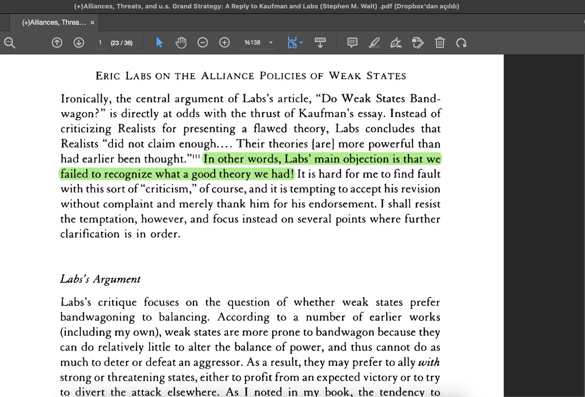 "What a good theory we had!"

Stephen M. Walt (1992) "Alliances, Threats, and U.S. Grand Strategy: A Reply to Kaufmann and Labs"