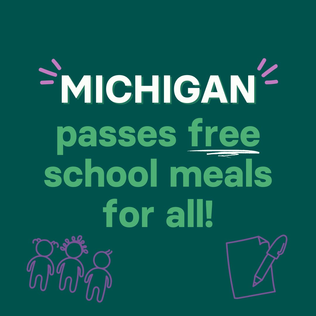 Amazing news: Michigan is now the 7th state to sign #SchoolMealsForAll into law! 🎉 FoodCorps is excited to see another state passing free school meals for all students, and we'll continue pushing for Congress to pass legislation that expands and fund school meals for all.