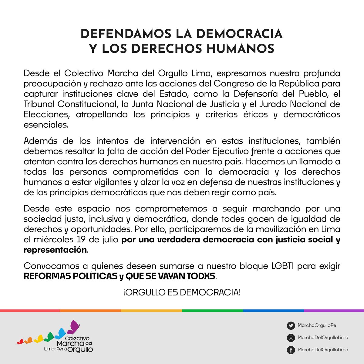 MarchaOrgulloPe's tweet image. PRONUNCIAMIENTO #QueSeVayanTodos 📢
Marcharemos por una sociedad justa, inclusiva y democrática, donde todes gocen de igualdad de derechos y oportunidades. Nos unimos a la movilización, por una verdadera democracia con justicia social y representación. 🏳️‍🌈🏳️‍⚧️🇵🇪