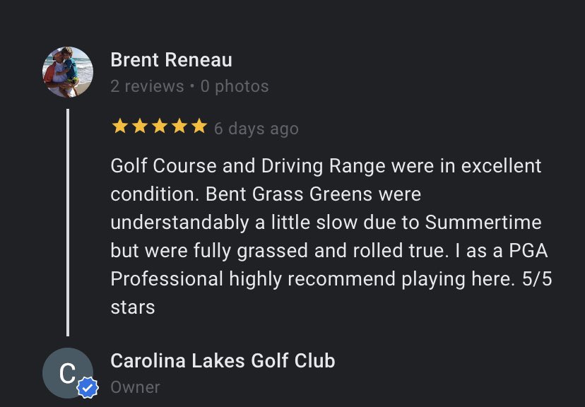 taburrell's tweet image. After a tumultuous 2022 we are back! Thank you, Paxton, Tyler and Brent for the 5-star reviews! It’s always nice to get some love from local area PGA Professionals!  @CarolinaLakesGC