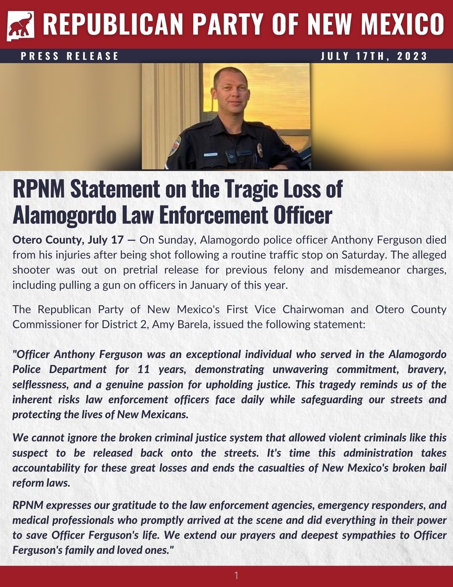 NewMexicoGOP's tweet photo. RPNM extends our prayers and deepest sympathies to Officer Ferguson's family and loved ones. https://t.co/DMnWCAFkd6