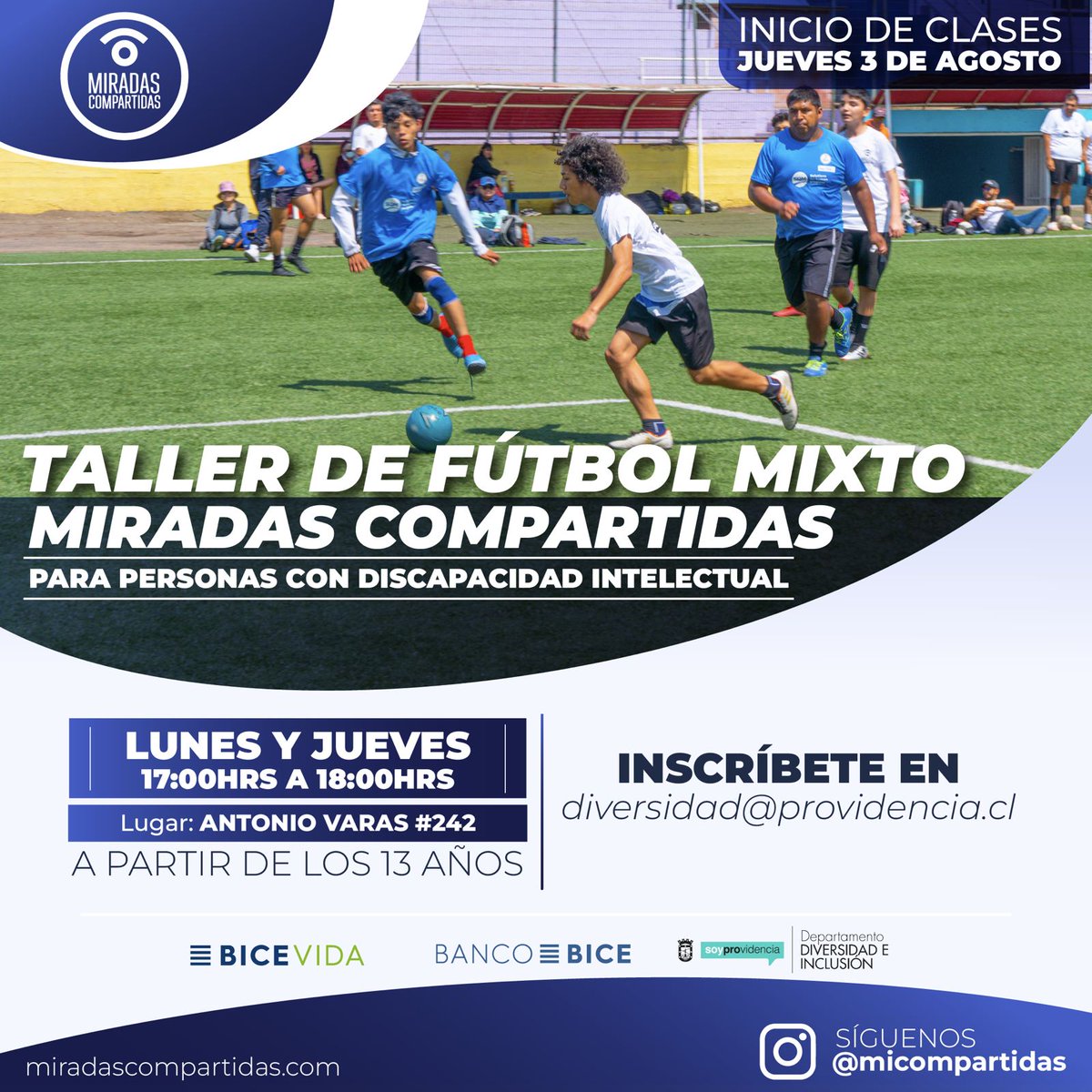 Únete al taller de fútbol mixto "Miradas Compartidas", una actividad realizada enconjunto con <a href="/bicevida/">Bice Vida</a>, <a href="/bancobice/">Banco BICE</a> y la @MunicipalidaddeProvi. Son 25 los cupos para jóvenes con discapacidad intelectual. Infórmate en linkedin.com/company/332794…