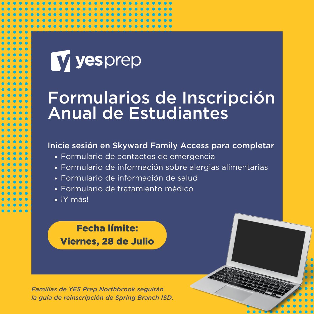 Reminder: Annual Student Enrollment forms for new & returning students are available in Skyward Family Access. The deadline to complete the form is Friday, July 28, 2023. 🔗 yesprep.org/families/backt…