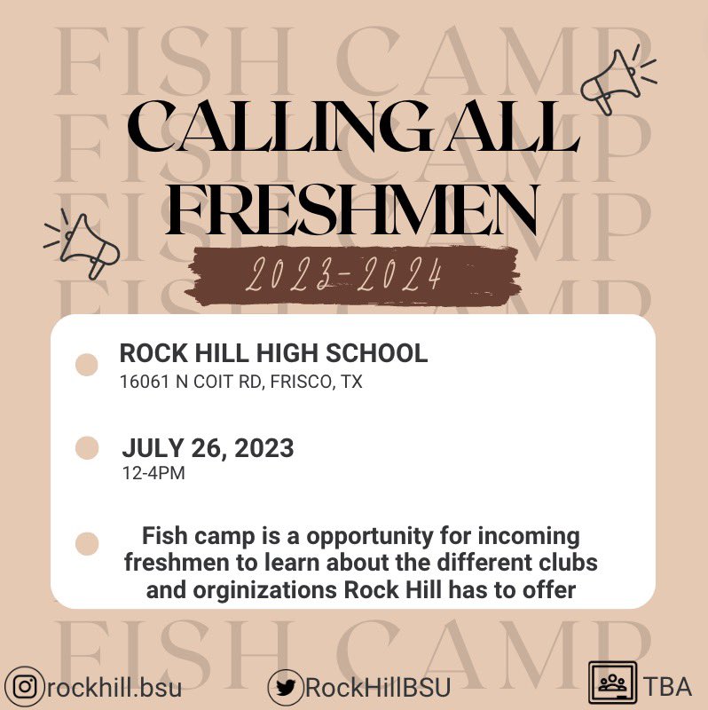 Hello all incoming freshman, new Rock Hill students, and parents! Please stop by our booth on July 26th during Fish Camp! We are more than happy to help you learn more about BSU and everything we have to offer. Fight Rock Fight!✊🏽✊🏾✊🏿