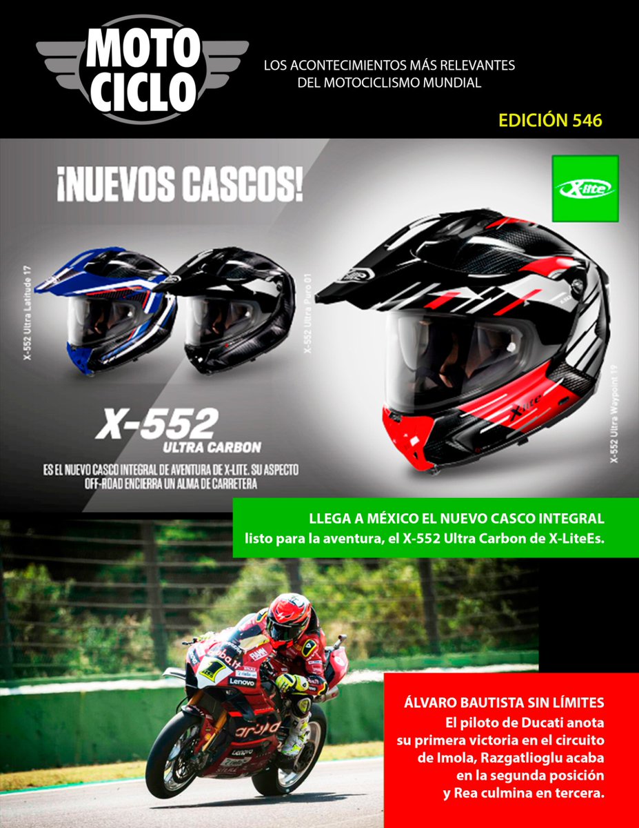 expomotonews's tweet photo. Entérate de las novedades más importantes del mundo de las dos ruedas en MOTOCICLO MAGAZINE 546, en esta edición no te puedes perder todos los detalles de los nuevos cascos X-552.
https://t.co/ioHwZvJ7J7
#expomoto23 #Guadalajara #CDMX #zonacustom #motooutlet #ExpoMoto https://t.co/Jd2a8Ysioa