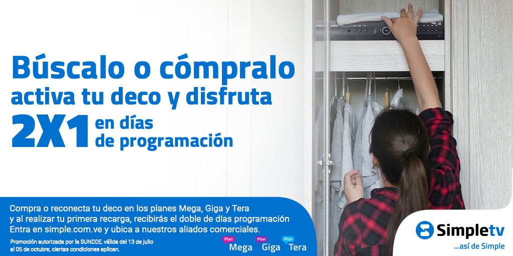 Simple_vzla's tweet photo. ¿Ya lo encontraste? Activa tu deco y al realizar tu primera recarga en los planes Mega, Giga o Tera recibirás el doble de días de programación.🤩

El doble de acción.
El doble de risas.
El doble de romance.

¿No tienes deco? Consulta en https://t.co/TPUMLouZQu y conoce los puntos de venta más cercanos a ti a nivel nacional.🙌

¡Disfruta del entretenimiento inteligente con Simpletv!

...así de Simple