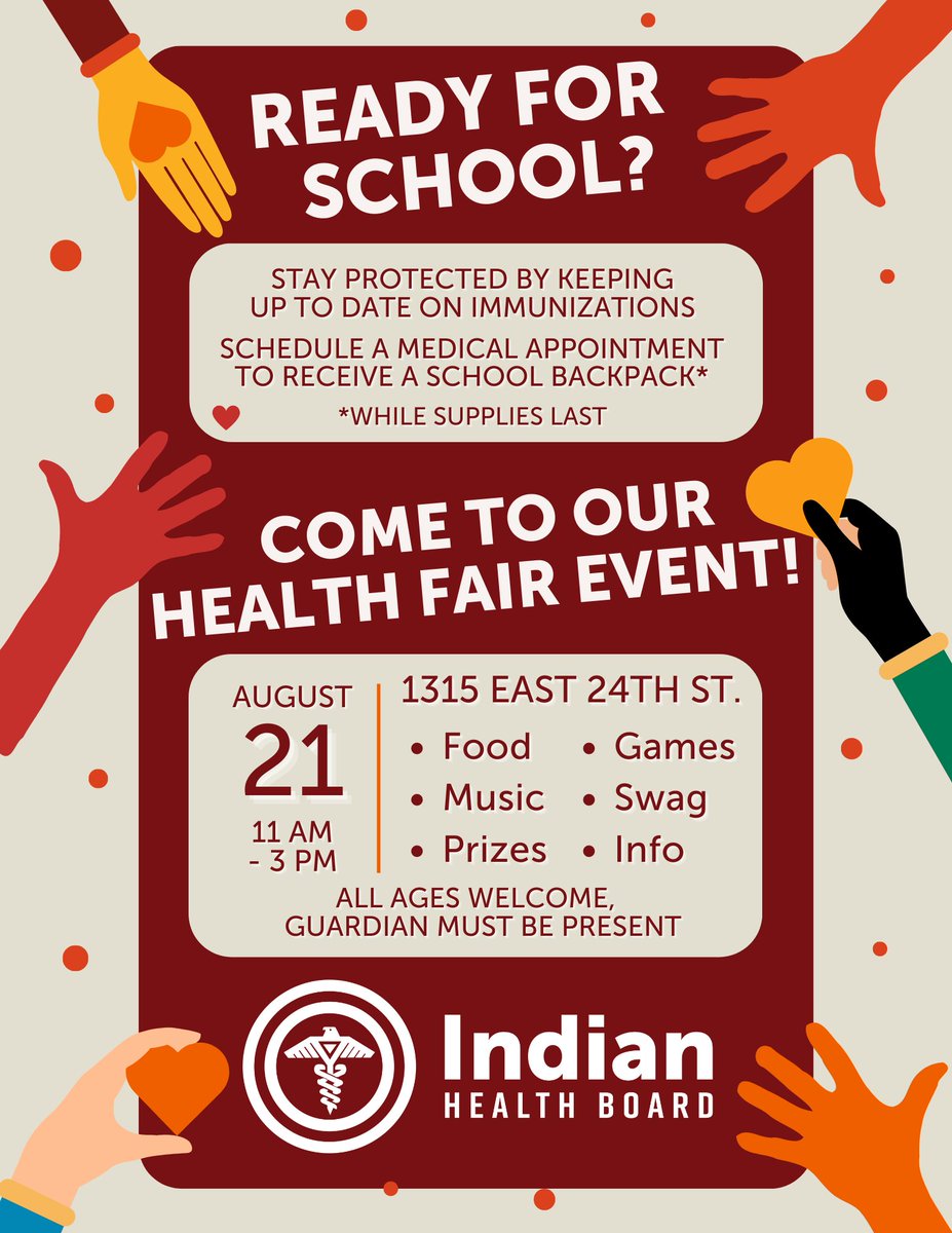 We will have a Health Fair Event on August 21st, from 11 am to 3 pm. Schedule Back to School medical and dental appointments all day on the 21st. This event is focused on diabetes prevention, healthy eating, and physical activity.
#MyIHB #BacktoSchool #Nativeyouth