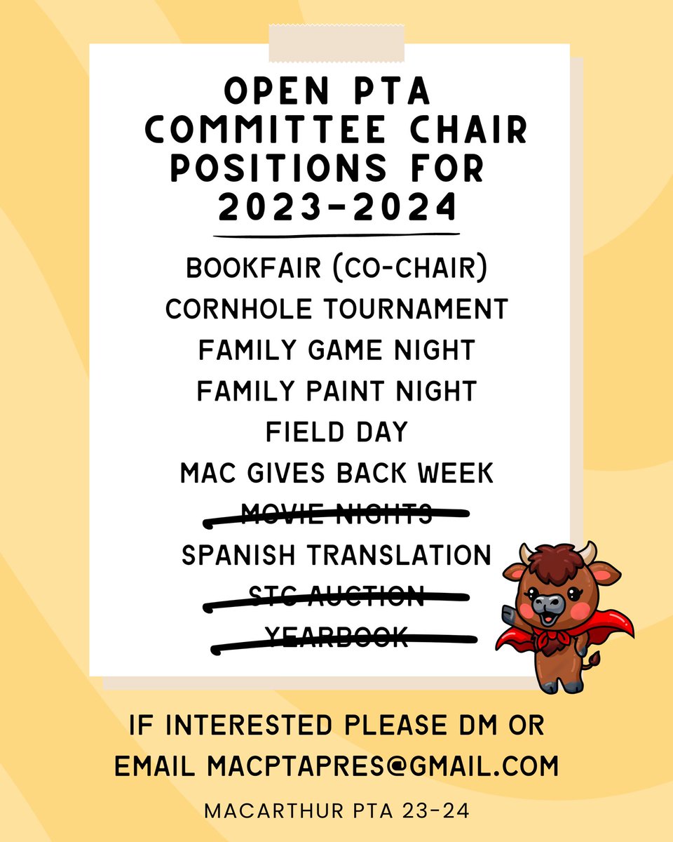 MacArthur Elem. PTA (@macarthurpta) on Twitter photo Thank you to all who have reached out and signed up to chair committees! Please let us know if you would like some information regarding any of these committees. Whether you’re a returning Mac family or new to our Mac community all are welcome to sign up! <a href="/MacToros54/">MacArthur International Spanish Academy</a> Thank you to all who have reached out and signed up to chair committees! Please let us know if you would like some information regarding any of these committees. Whether you’re a returning Mac family or new to our Mac community all are welcome to sign up! <a href="/MacToros54/">MacArthur International Spanish Academy</a>