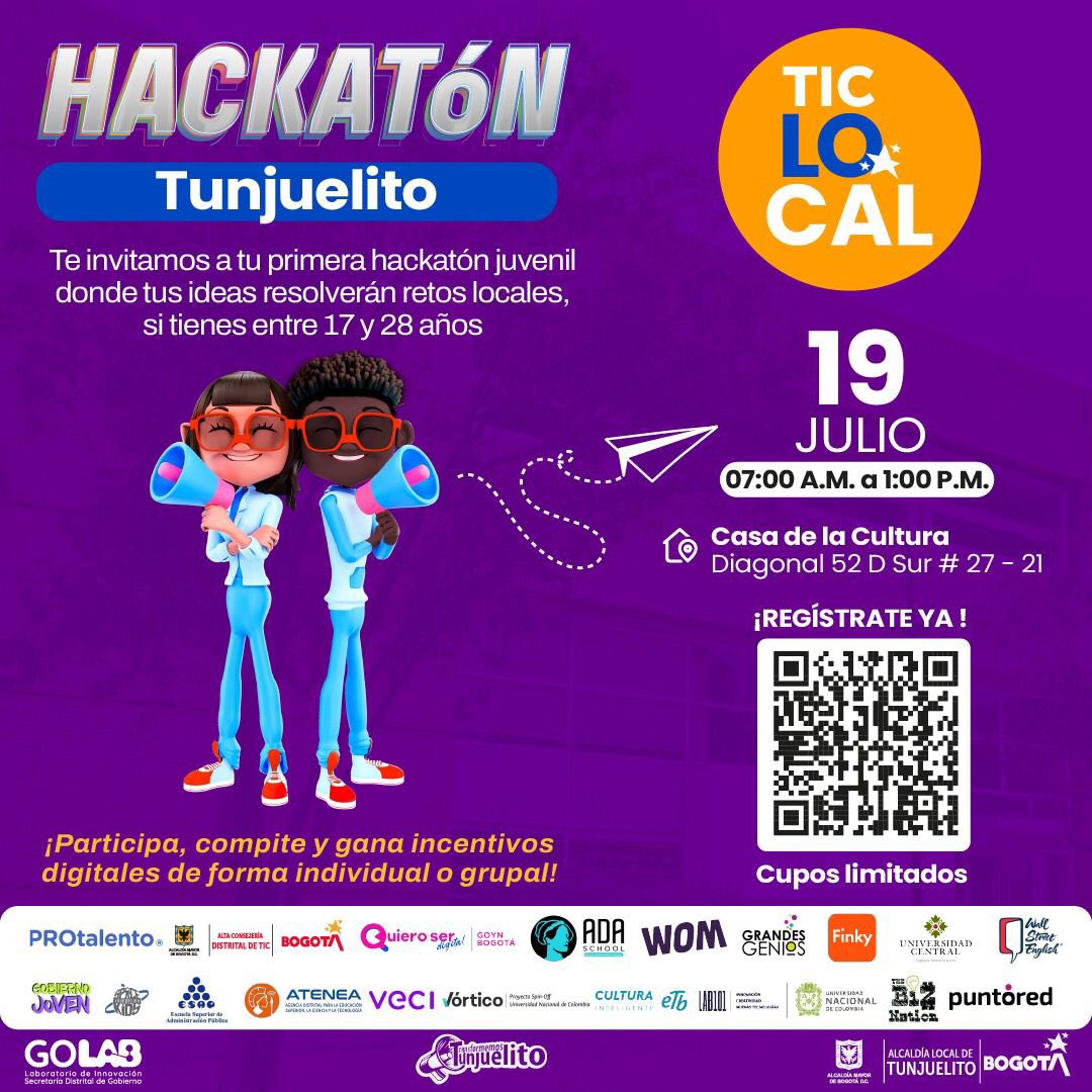 ConsejeriaTIC's tweet photo. ¡Atención 🚨! Estamos buscando jóvenes de 17 a 28 años que quieran ser parte del cambio en las localidades de Puente Aranda y Tunjuelito.
Si eres uno de ellos, te esperamos este 18 y 19 de julio en las #Hackatones de #TICLocal para que compartas tus propuestas innovadoras. https://t.co/R8l0PClYbD