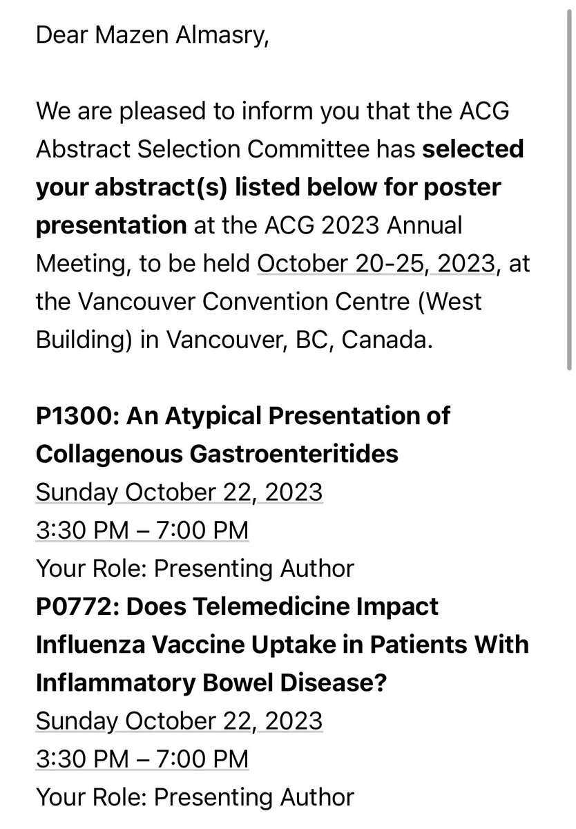 Mazen Almasry, MD (@mazenalmasry4) on Twitter photo Grateful to have two abstracts accepted at #ACG2023!!
This would’ve never been possible without the support of my program and mentors ! <a href="/uw_IMresidency/">UW IM Residency</a> <a href="/dr_fcalderaibd/">Freddy Caldera, DO, PhD</a> <a href="/uw_GIHep/">UW Division of Gastroenterology & Hepatology</a> <a href="/SaqibWalayat/">Saqib Walayat</a>
#GITwitter 💩#IBD Grateful to have two abstracts accepted at #ACG2023!!
This would’ve never been possible without the support of my program and mentors ! <a href="/uw_IMresidency/">UW IM Residency</a> <a href="/dr_fcalderaibd/">Freddy Caldera, DO, PhD</a> <a href="/uw_GIHep/">UW Division of Gastroenterology & Hepatology</a> <a href="/SaqibWalayat/">Saqib Walayat</a>
#GITwitter 💩#IBD