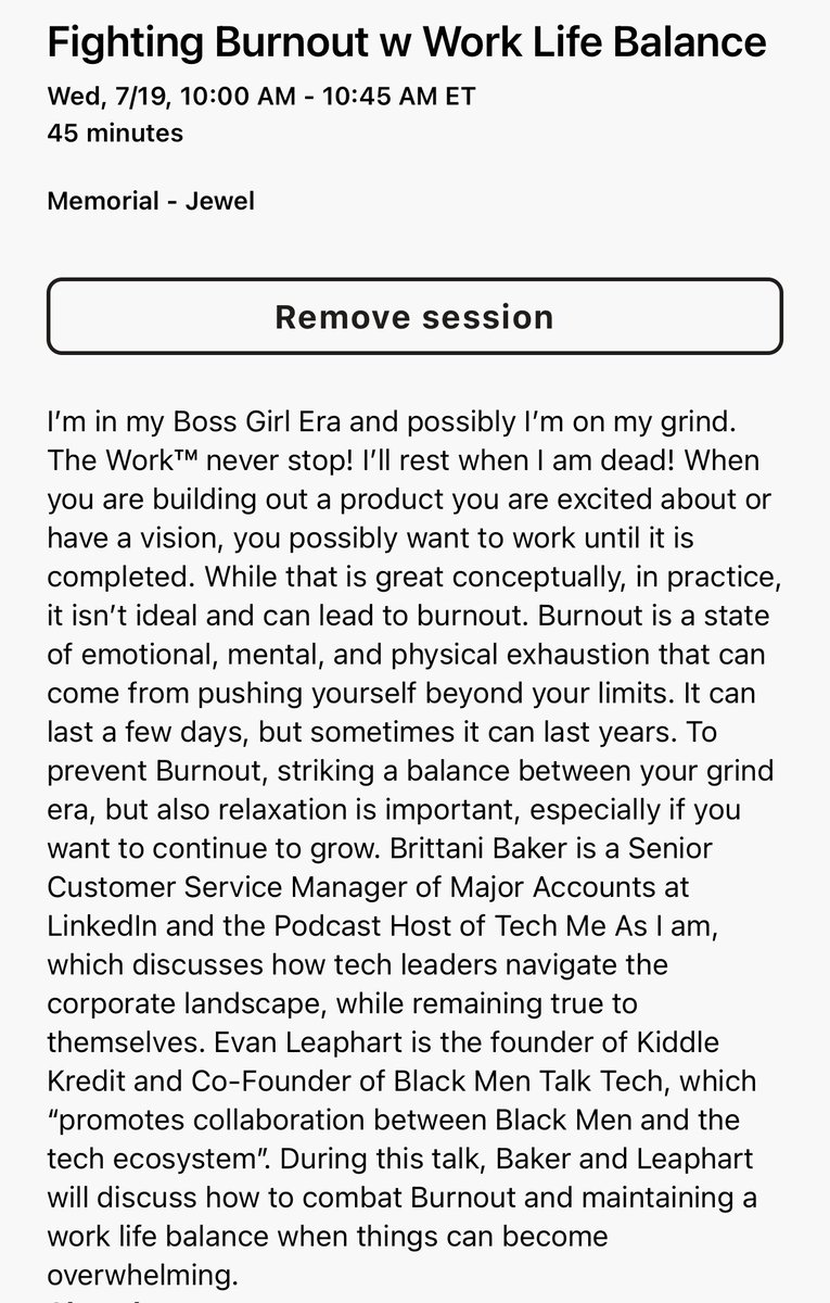 Aniesia Williams (@iamaniesia) on Twitter photo Rolling up to <a href="/BlackTechWeek/">Black Tech Week</a> to chat with some wonderful peeps about burnout & work-life balance. Donโt miss this session on Wednesday at 10AM! #BTW23 Rolling up to <a href="/BlackTechWeek/">Black Tech Week</a> to chat with some wonderful peeps about burnout & work-life balance. Donโt miss this session on Wednesday at 10AM! #BTW23