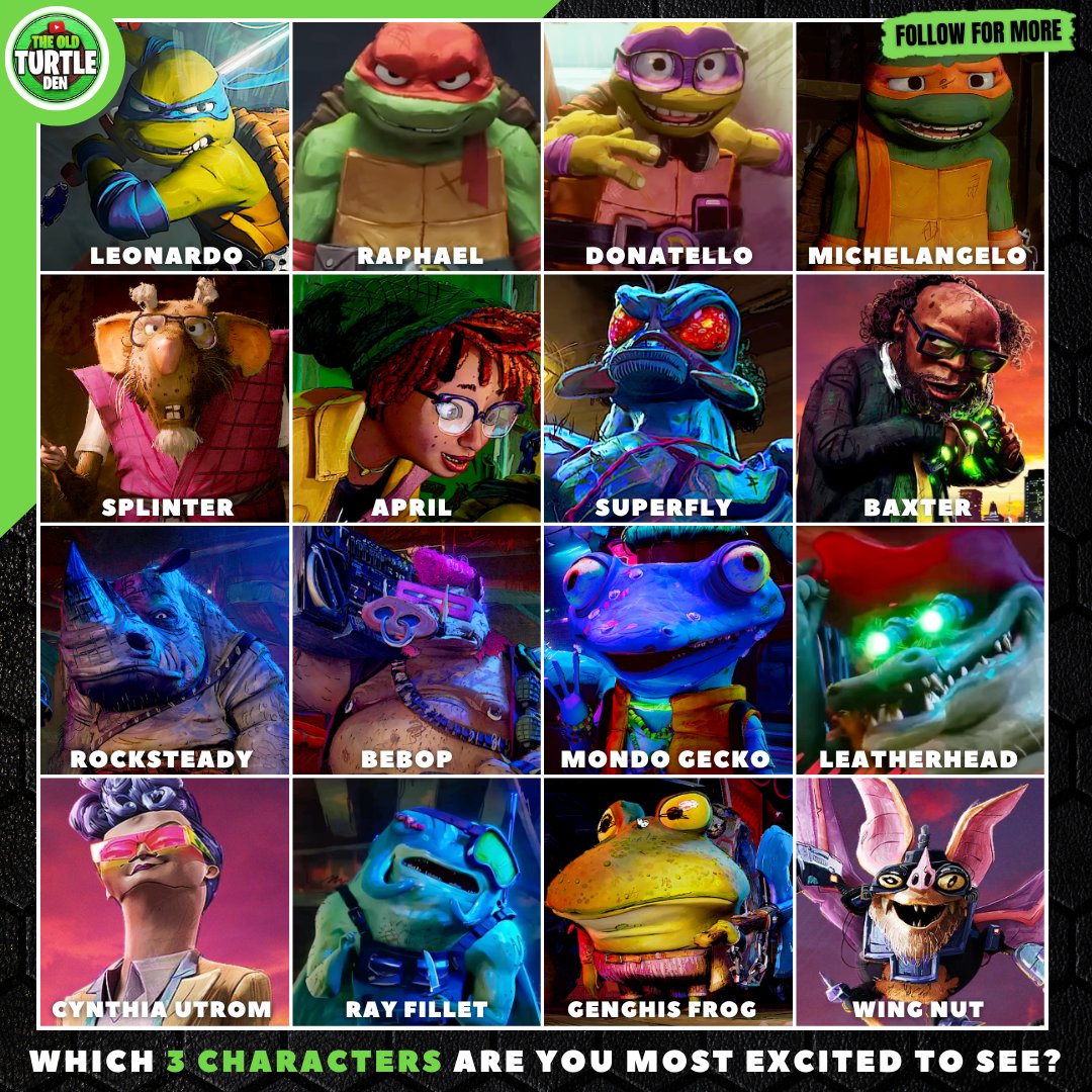 TheOldTurtleDen's tweet image. Which 3 characters are you most excited to see in the #TMNT #MutantMayhem movie?