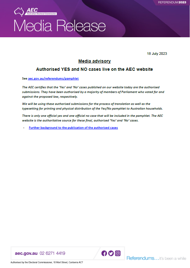 The written Yes &amp; No cases are now available on the AEC website.

Closer to the referendum, we’ll be sending a hardcopy of these cases to every household in the form of a pamphlet, but you can read them right now at aec.gov.au/referendums/pa…